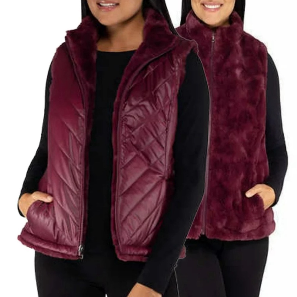 Faux Fur Quilted Reversible Vest - Burgundy - Size Large